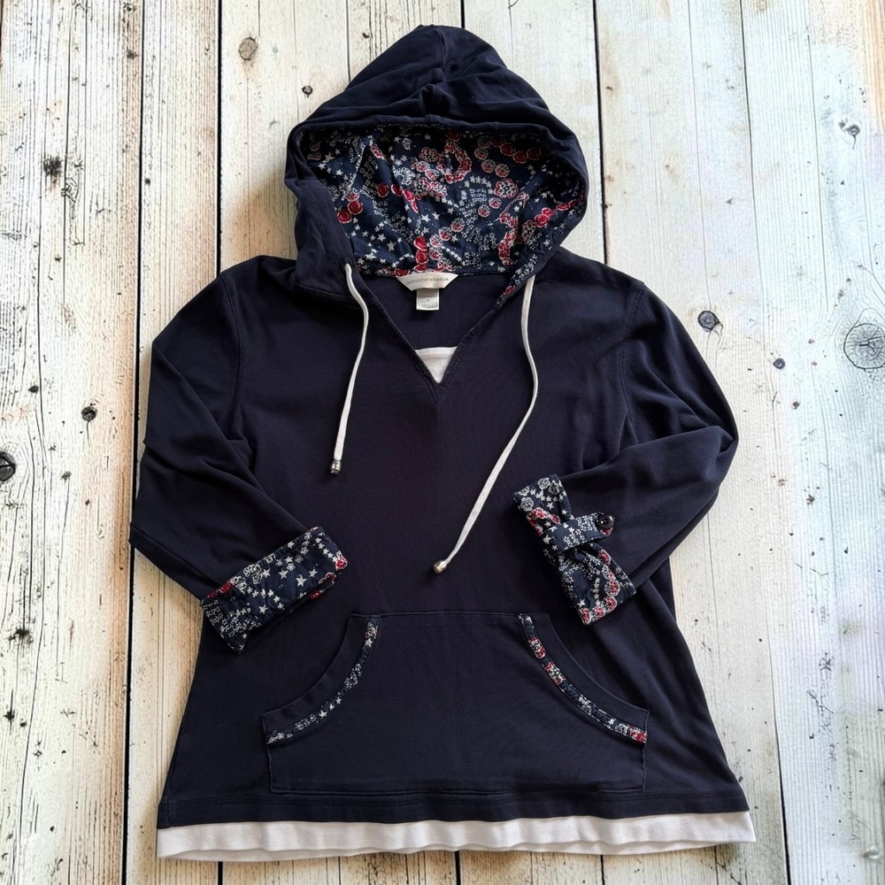 Floral Star Trim Hoodie Layered Look Navy Blue Womens Medium Christopher & Banks